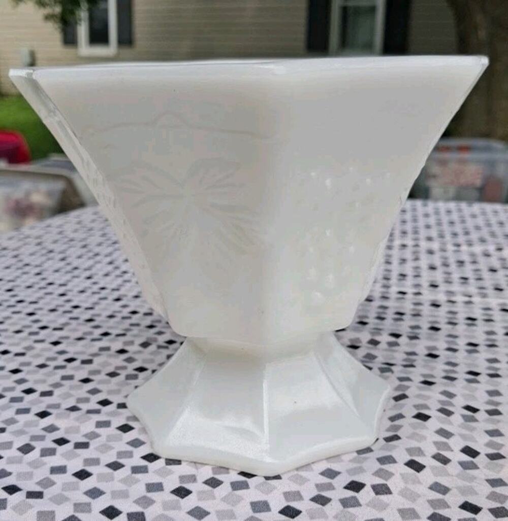 Milk Glass 8 Sided Dish Grape & Leaf Pattern 5" Tall